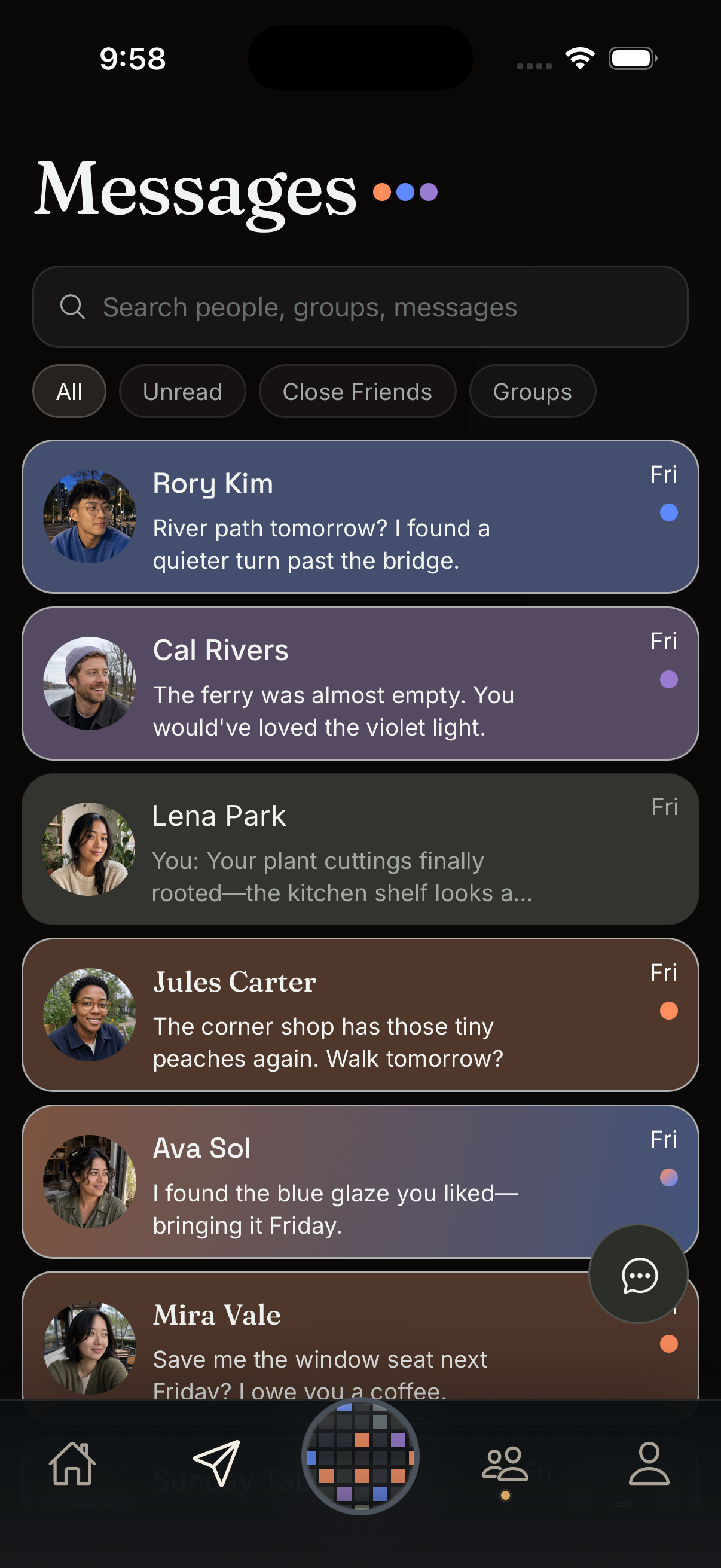 CSS-only top-half crop of the untouched real Pixeldrop Messages inbox, showing its header, search and filters, and the first fictional conversation rows.