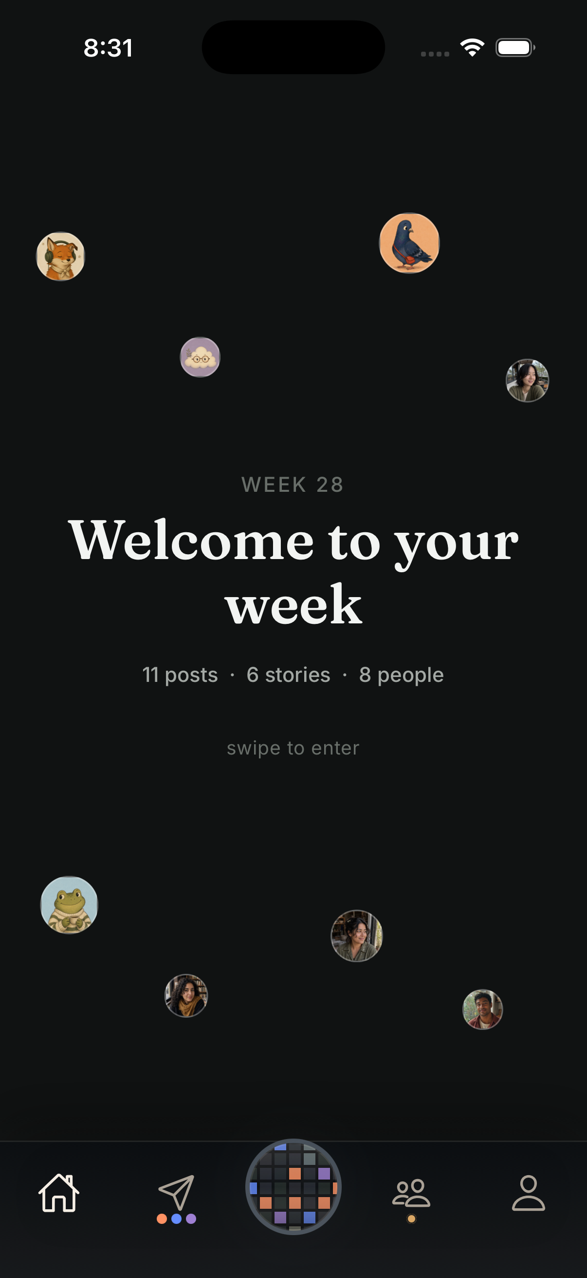Real dark Week 28 opening cover with guest avatars, weekly counts, and a swipe-to-enter prompt.