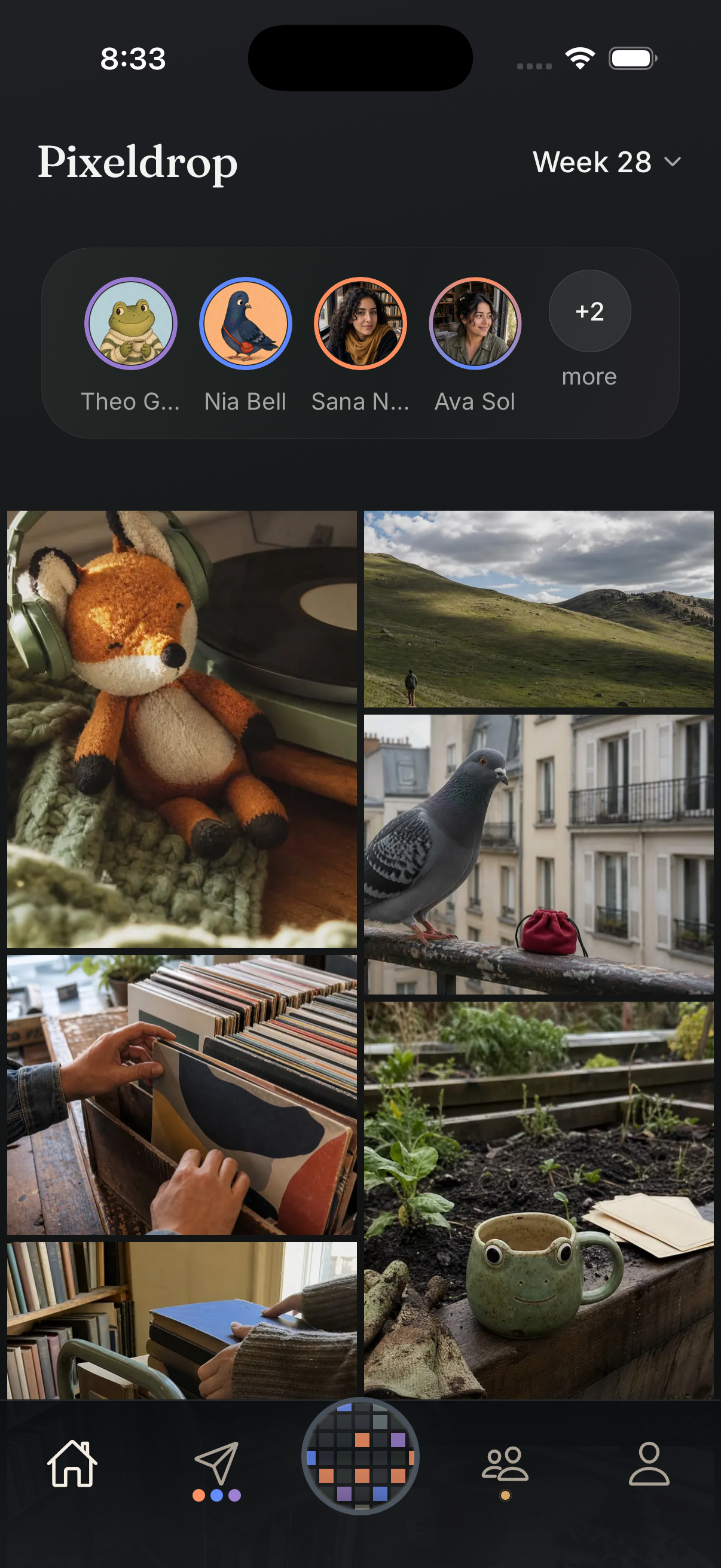 Real Week 28 Grid with one Stories shelf and a photo-rich two-column weekly mosaic.