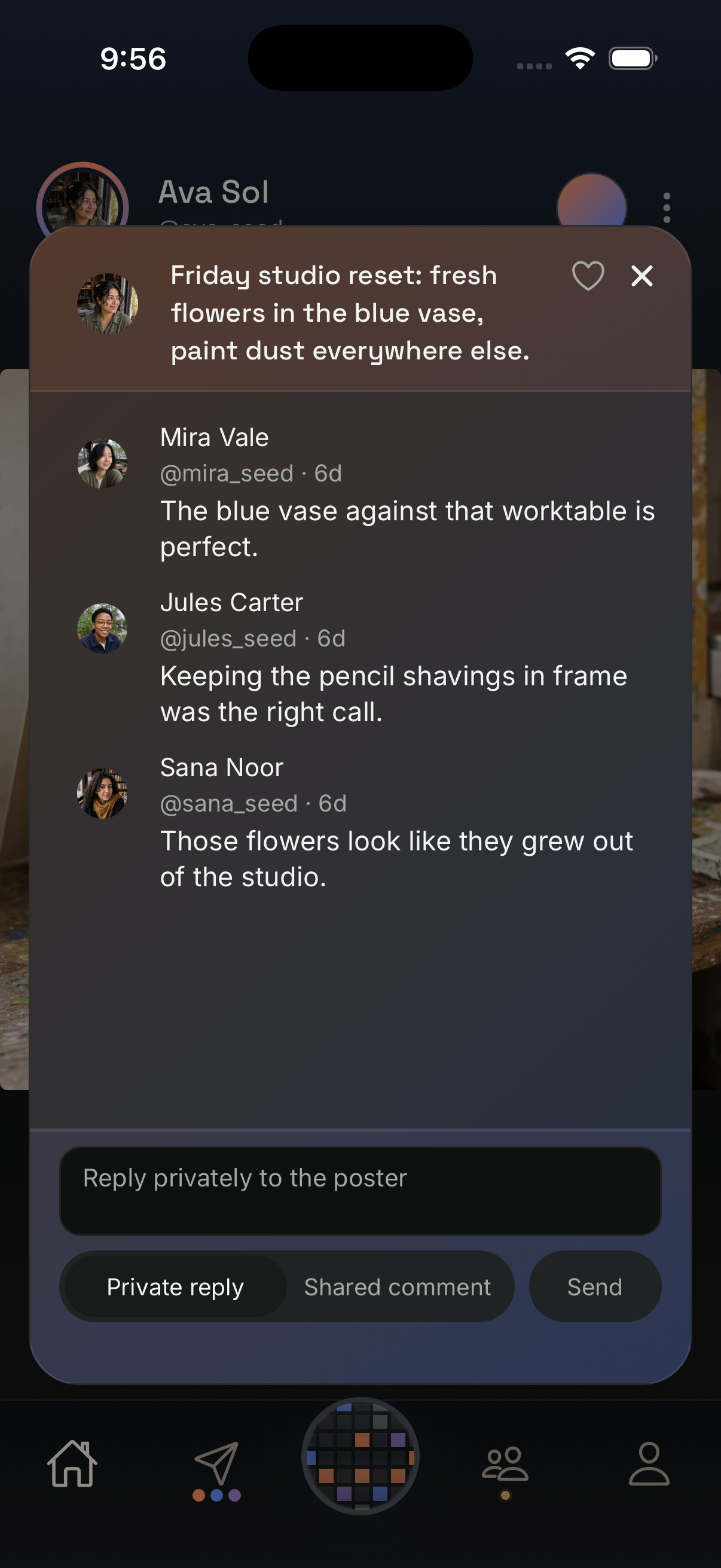 Real expanded fictional Ava Sol post pane with comments from Mira Vale, Jules Carter, and Sana Noor, plus Private reply selected and Shared comment unselected.